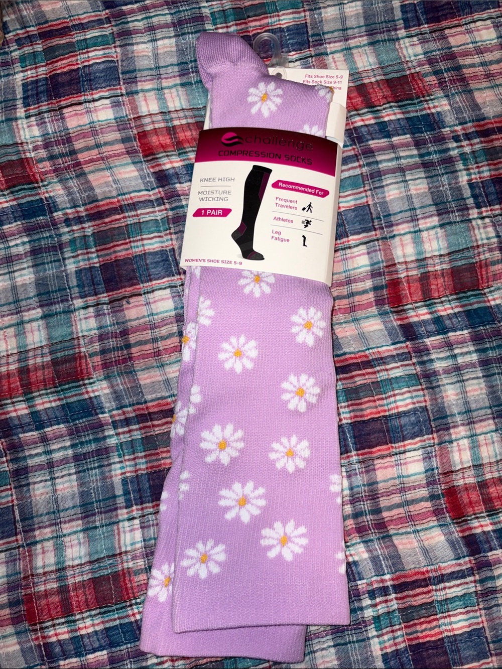 Compression Lavender Knee-High Socks with White Daisy Print